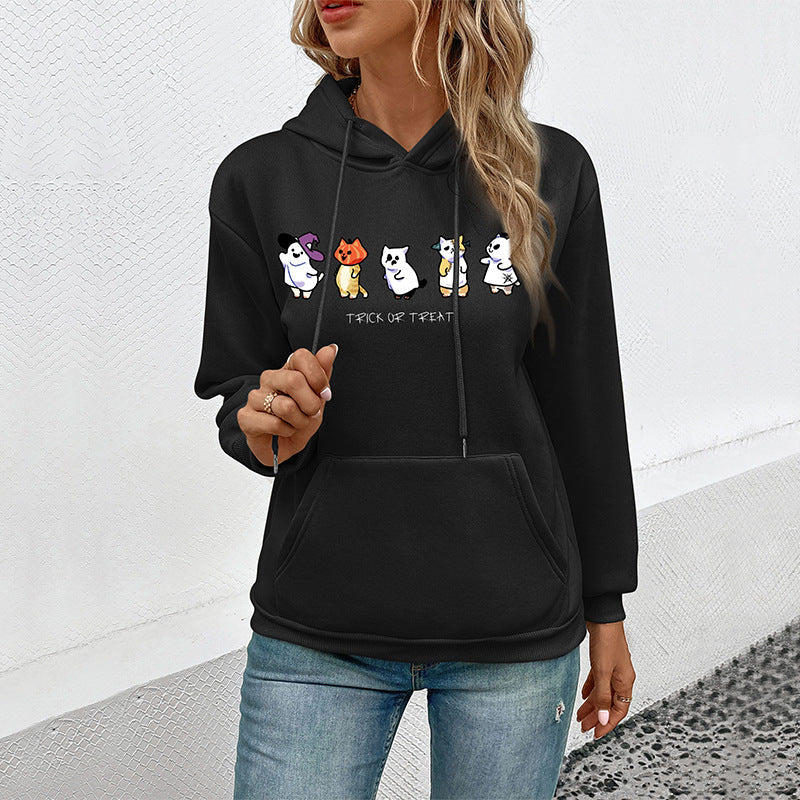 Damen Kapuzenpullover mit Cartoon-Katzen-Motiv, Kängurutasche und weichem Futter Echoarchiv