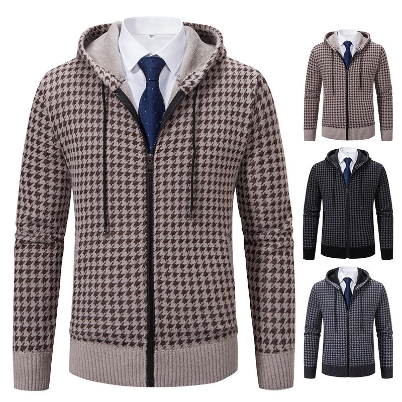 Herren gemütlicher Strickpullover mit modernem Karomuster und Kapuze Echoarchiv
