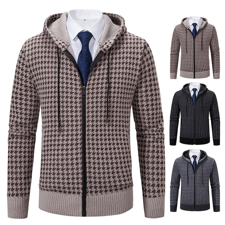 Herren gemütlicher Strickpullover mit modernem Karomuster und Kapuze Echoarchiv