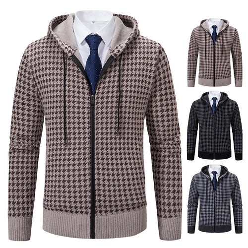 Herren gemütlicher Strickpullover mit modernem Karomuster und Kapuze Echoarchiv
