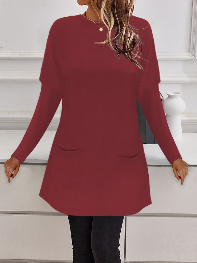 Damen Longline Feinstrick-Tunika mit Rundhalsausschnitt und aufgesetzten Taschen – Mavelle