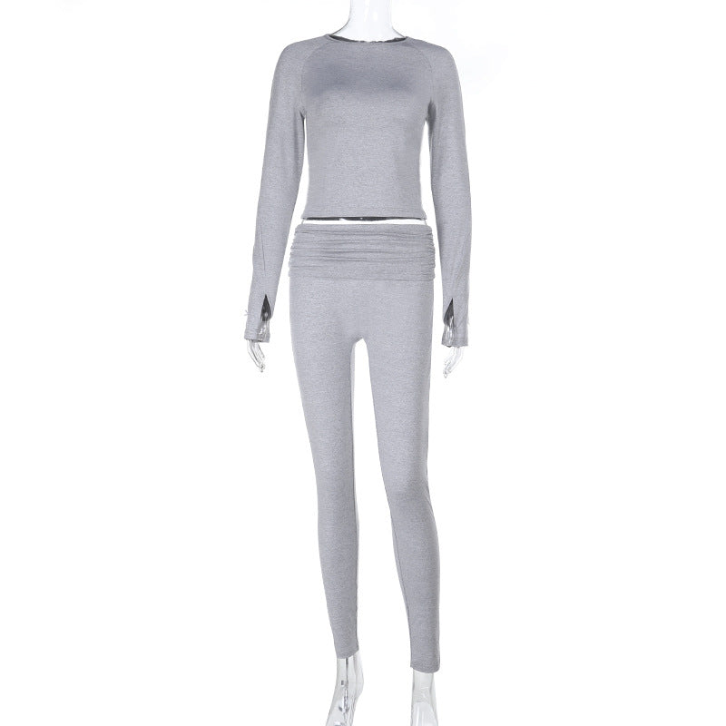 Damen Figurbetontes Stretch-Zweiteiler Lounge-Set mit hohem Rippbund und bauchfreiem Langarmshirt – Avérine