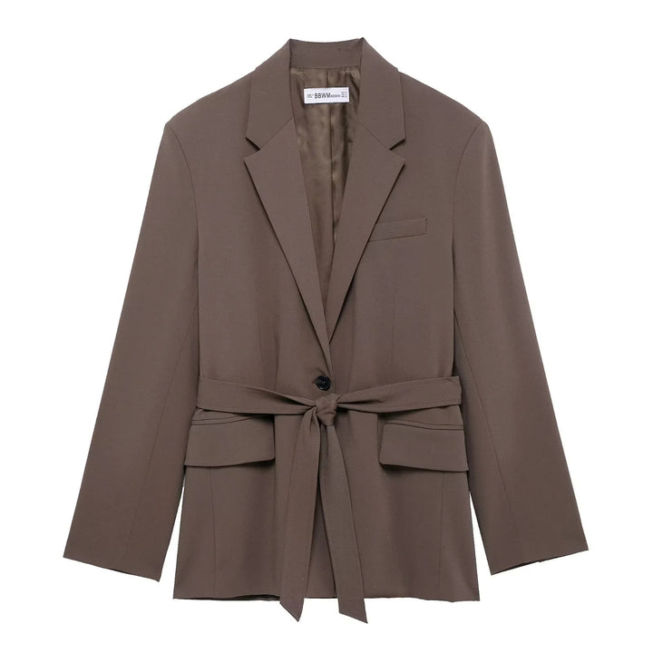 Damen taillierter Blazer mit Bindegürtel, Reverskragen, Pattentaschen und Ein-Knopf‑Verschluss – Valéne