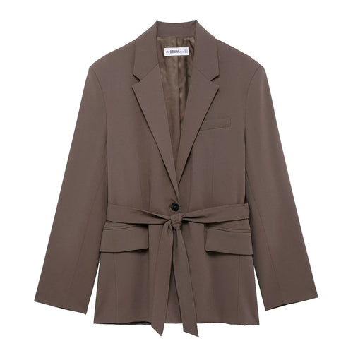 Damen taillierter Blazer mit Bindegürtel, Reverskragen, Pattentaschen und Ein-Knopf‑Verschluss – Valéne