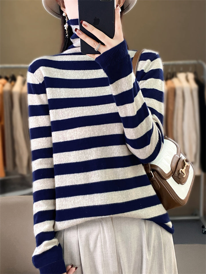 Damen Lässiger gestreifter Rollkragenpullover aus Wollmix mit legerer Passform Echoarchiv