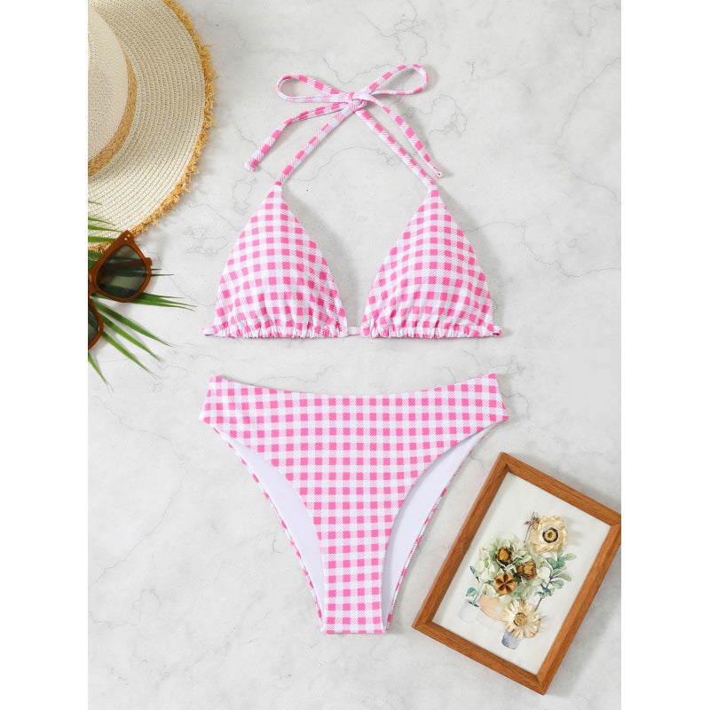Damen Triangel-Bikini mit floralem Oberteil und Karomuster Echo Archiv