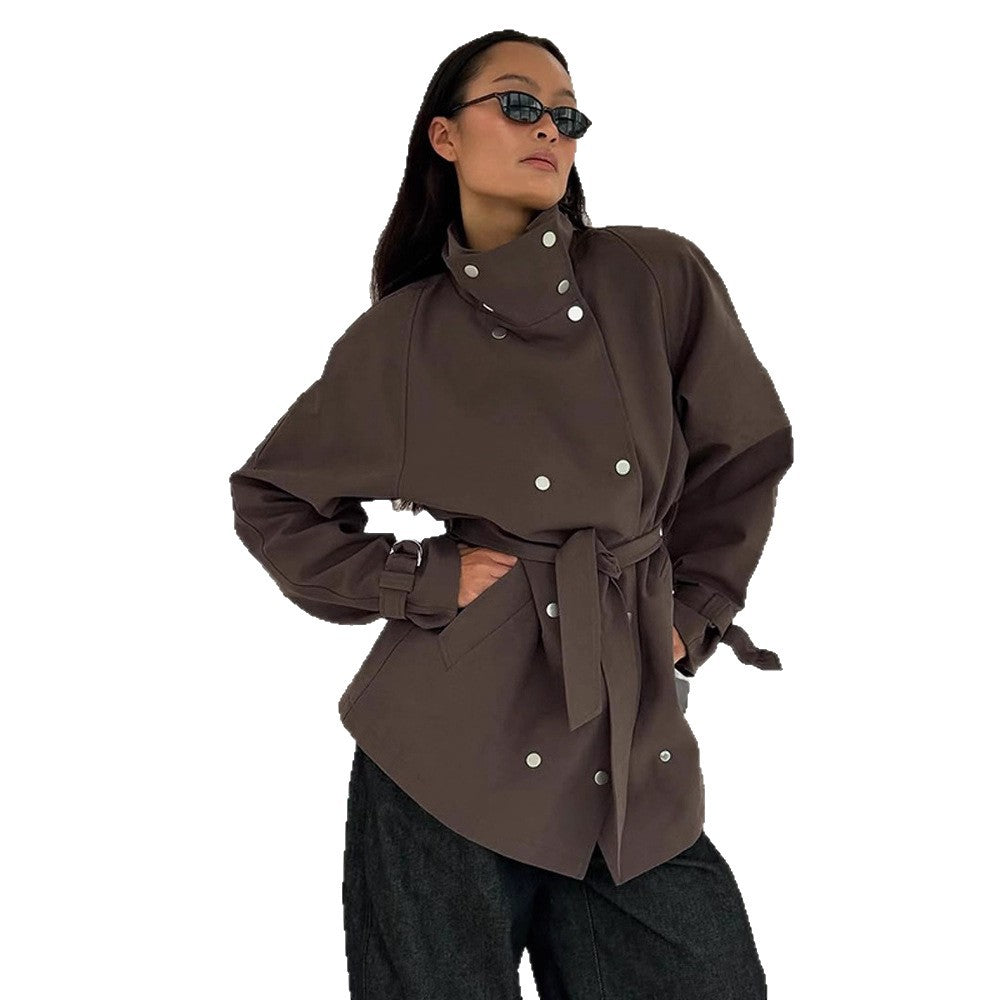 Damen Taillierbarer Oversize Kurztrench mit hohem Stehkragen, Druckknopffront und Bindegürtel Echoarchiv