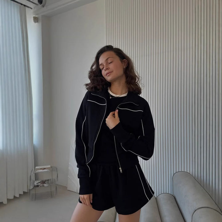 Damen nan athletischer Zweiteiler mit formendem Sportbustier, taillierter Highwaist-Sweatshorts und Zip-Hoodie Echo Archiv