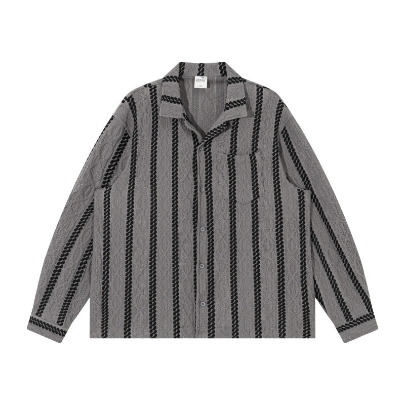 Unisex Leichte Hemdjacke mit Camp-Kragen, Relaxed‑Fit und vertikalem Zopfstreifenmuster Echoarchiv