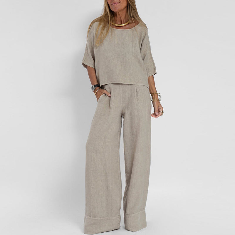 Damen luftiges Leinen-Ensemble mit weitem Schnitt und praktischen Taschen Echoarchiv