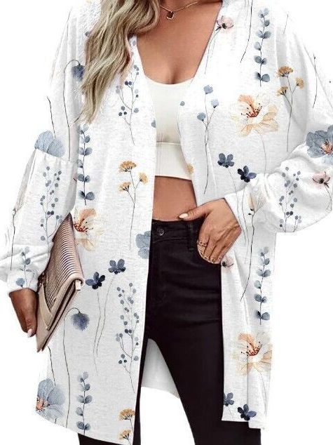 Damen Leichter Offener Longcardigan mit Federmotiv und Oversize-Ärmeln – Veloura