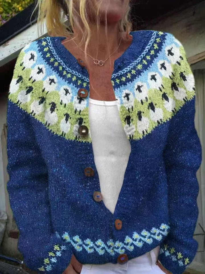 Damen nan gemusterte Strickjacke mit Rundpasse, Holzknöpfen und Eingrifftaschen Echo Archiv