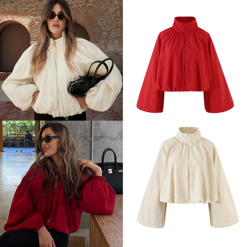 Damen Kurzes Cape‑Blouson mit Stehkragen, weiten Trompetenärmeln und Reißverschluss Echo Archiv