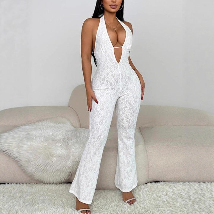 Damen eleganter Jumpsuit mit tiefem V-Ausschnitt und Spitzendetails Echo Archiv