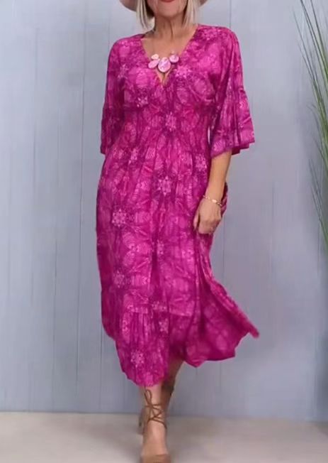 Damen nan fließendes Kaftan-Midikleid mit V-Ausschnitt, lockerer Silhouette, Stufenrock und dreiviertel-Ärmeln Echo Archiv