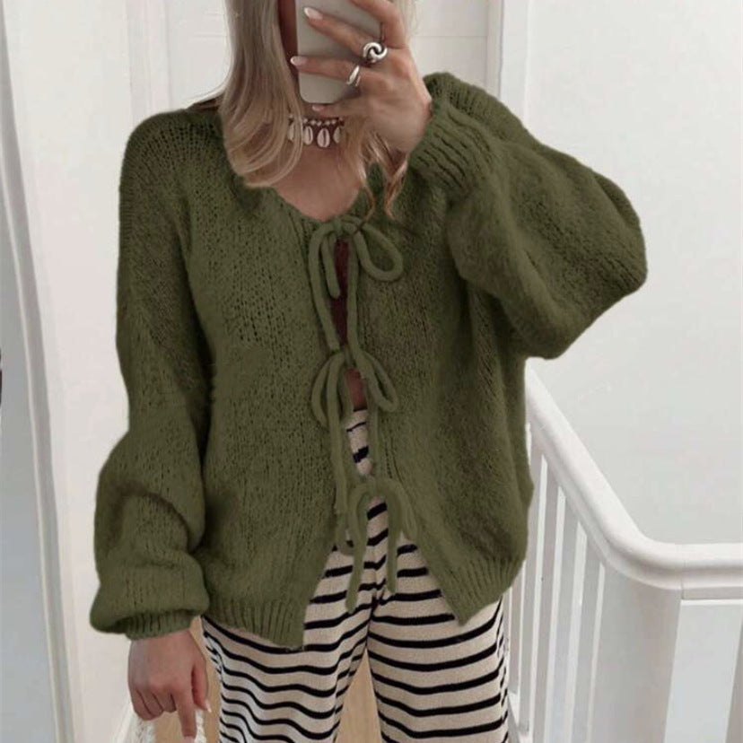 Damen Grobgestrickter Offener Cardigan mit Bindebändern, Oversize‑Silhouette und Raglanärmeln – Veloura