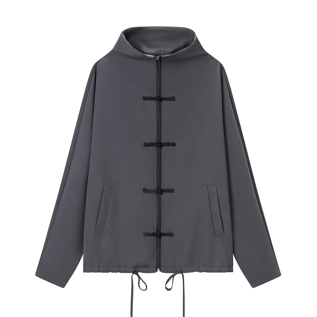 Damen leichte Boxy-Jacke mit Stehkragen, Zipper-Front, Kordelzug und dekorativen Knotenverschlüssen Echo Archiv