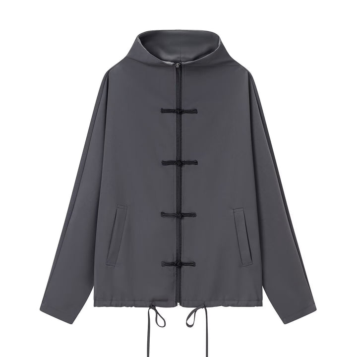 Damen leichte Boxy-Jacke mit Stehkragen, Zipper-Front, Kordelzug und dekorativen Knotenverschlüssen Echo Archiv