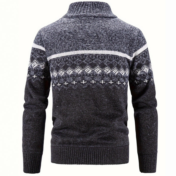 Herren Thermo-Strickjacke mit Stehkragen und Reißverschluss Norwegerstrick Fleece-gefüttert – Taviero