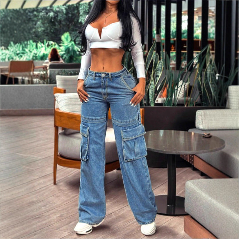 Damen tiefsitzende Wide‑Leg Cargo-Jeans mit XXL-Klappentaschen Echo Archiv