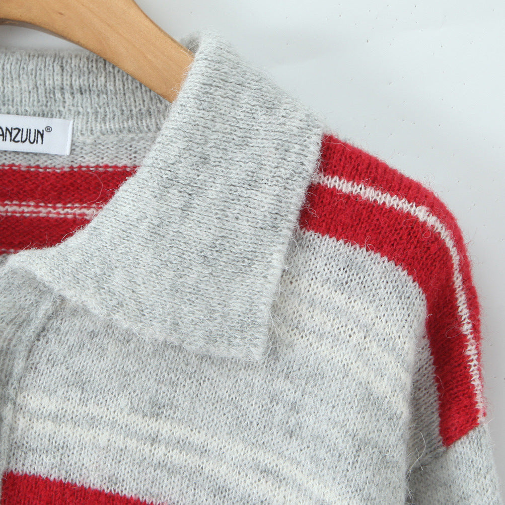 Damen Gestreifter Polokragen-Strickpullover im Oversize-Look Echoarchiv