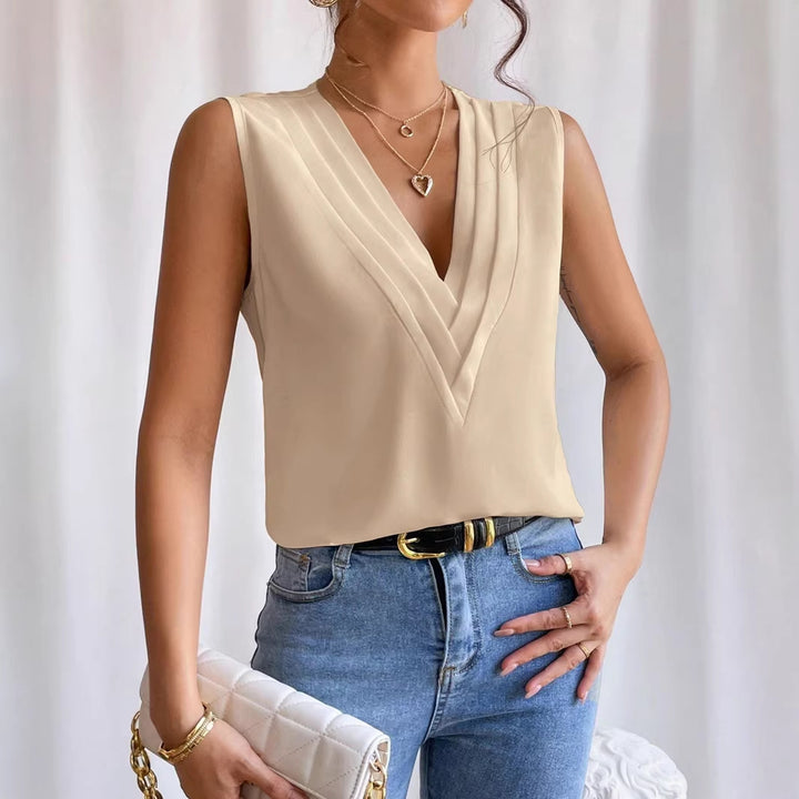 Damen Ärmellose Bluse mit plissiertem V-Ausschnitt und leichtem Satinfall Echo Archiv