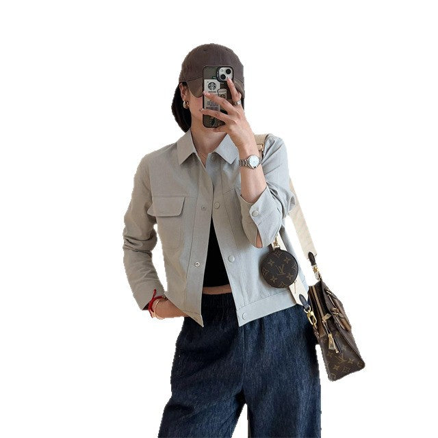 Damen Kurze Overshirt-Jacke aus leichtem Baumwollmix mit Brusttaschen Echoarchiv