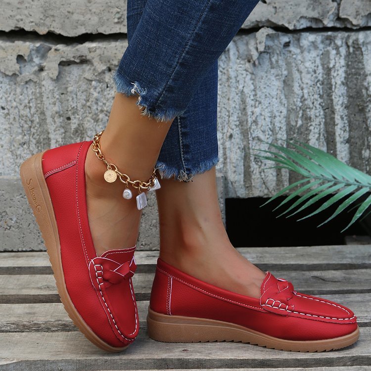 Damen nan Mokassin-Loafer mit geflochtenem Vorderblatt sichtbarer Kontrastnaht und ergonomischer Keilsohle Echo Archiv