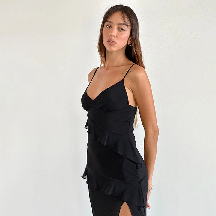 Damen elegantes Wickelkleid mit Rüschen und hohem Schlitz Echo Archiv