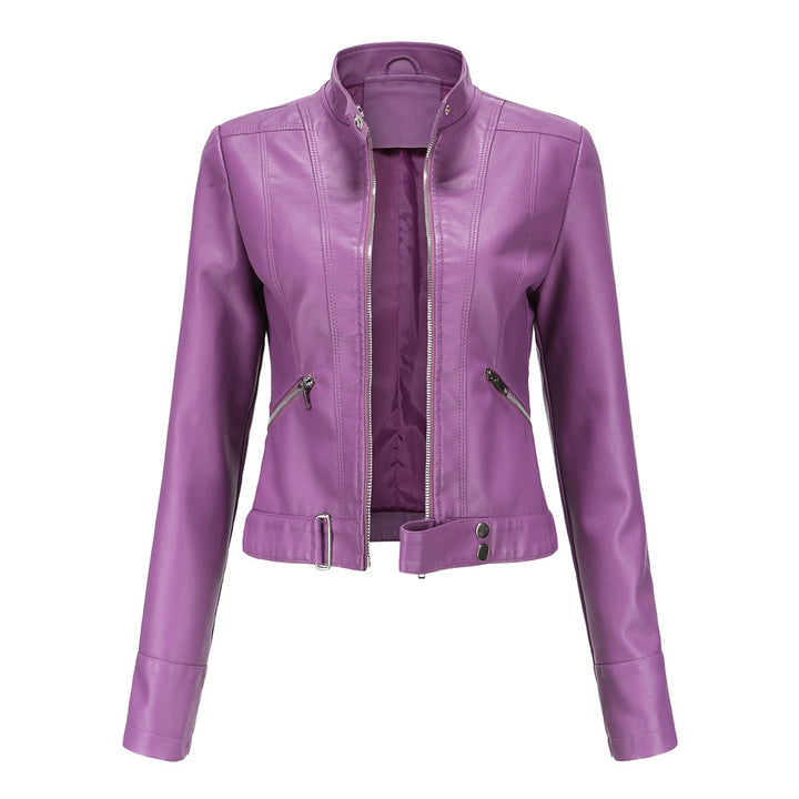 Damen nan kurze taillierte Kunstlederjacke im Racer-Stil mit Stehkragen und Reißverschlusstaschen Echo Archiv