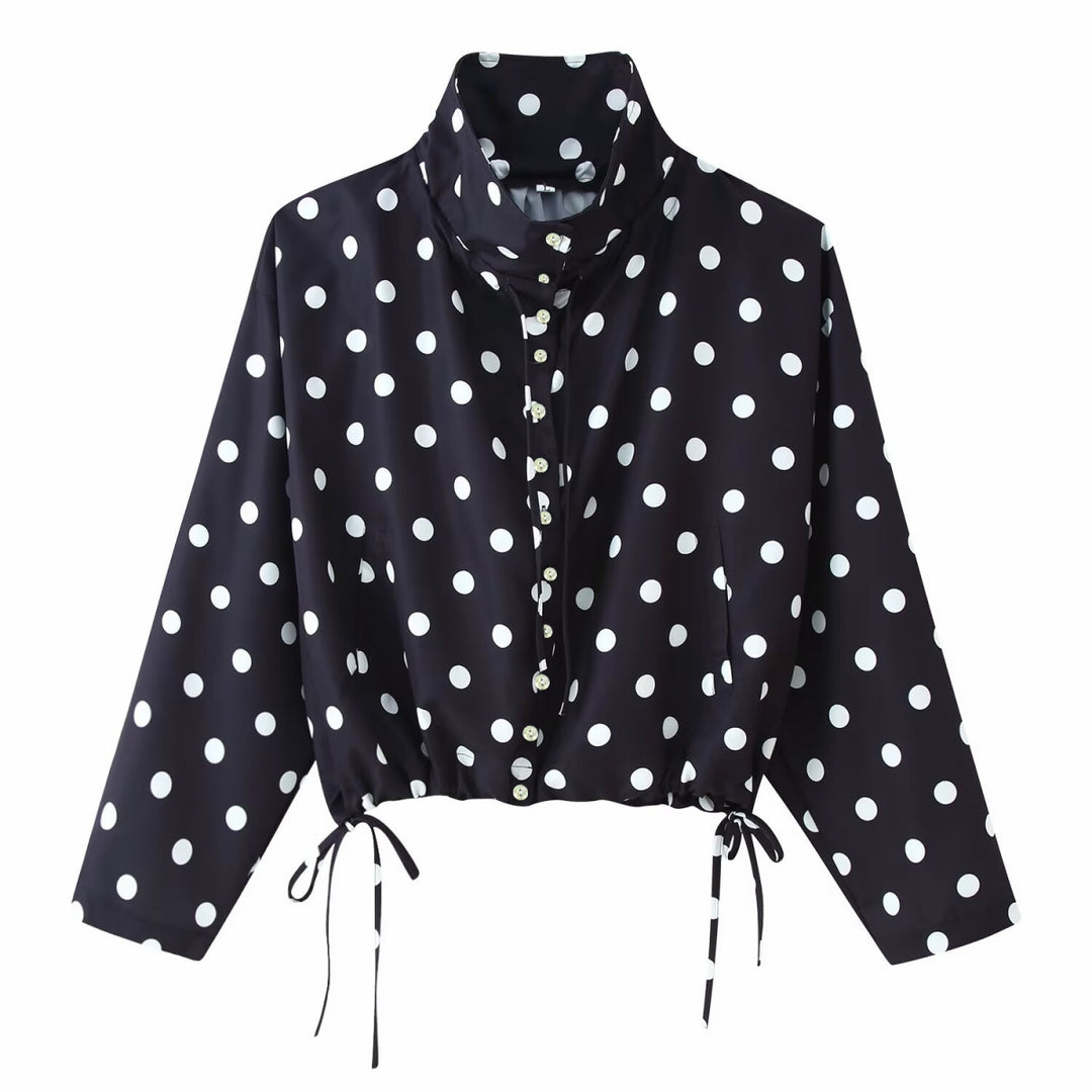 Damen Gepunktete Cropped-Bluse mit Stehkragen und Tunnelzugsaum Echoarchiv