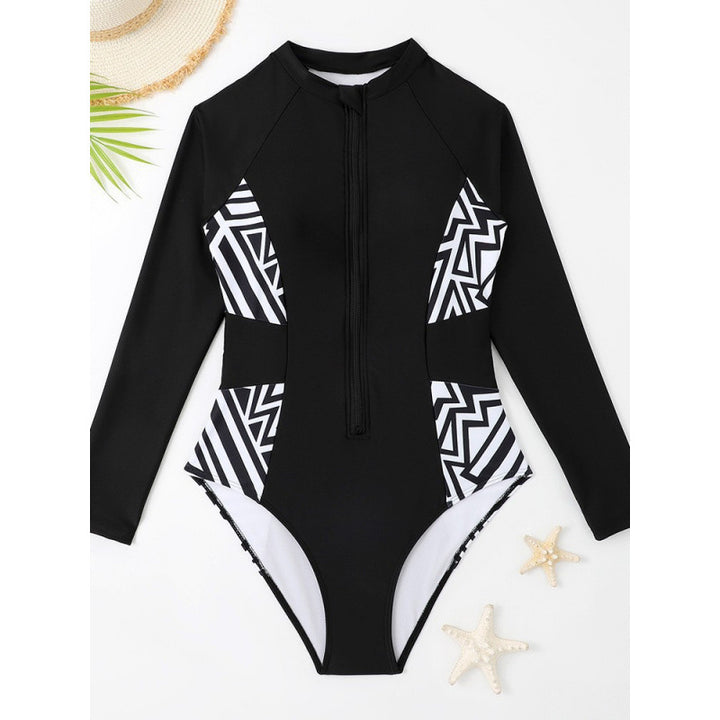 Damen Rashguard Badeanzug mit Reißverschluss und geometrischem Design Echo Archiv