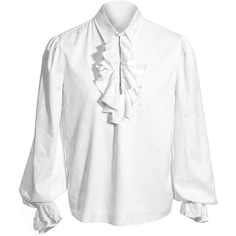 Herren elegantes Barock-Rüschenhemd mit Stehkragen, Volantbrust und Spitzenmanschetten – Montaro