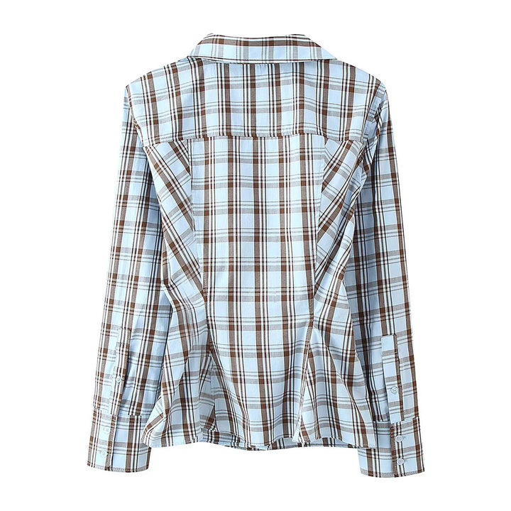 Damen karierte Wickel-Hemdbluse mit Hemdkragen und asymmetrischer Knopfreihe – Élovi