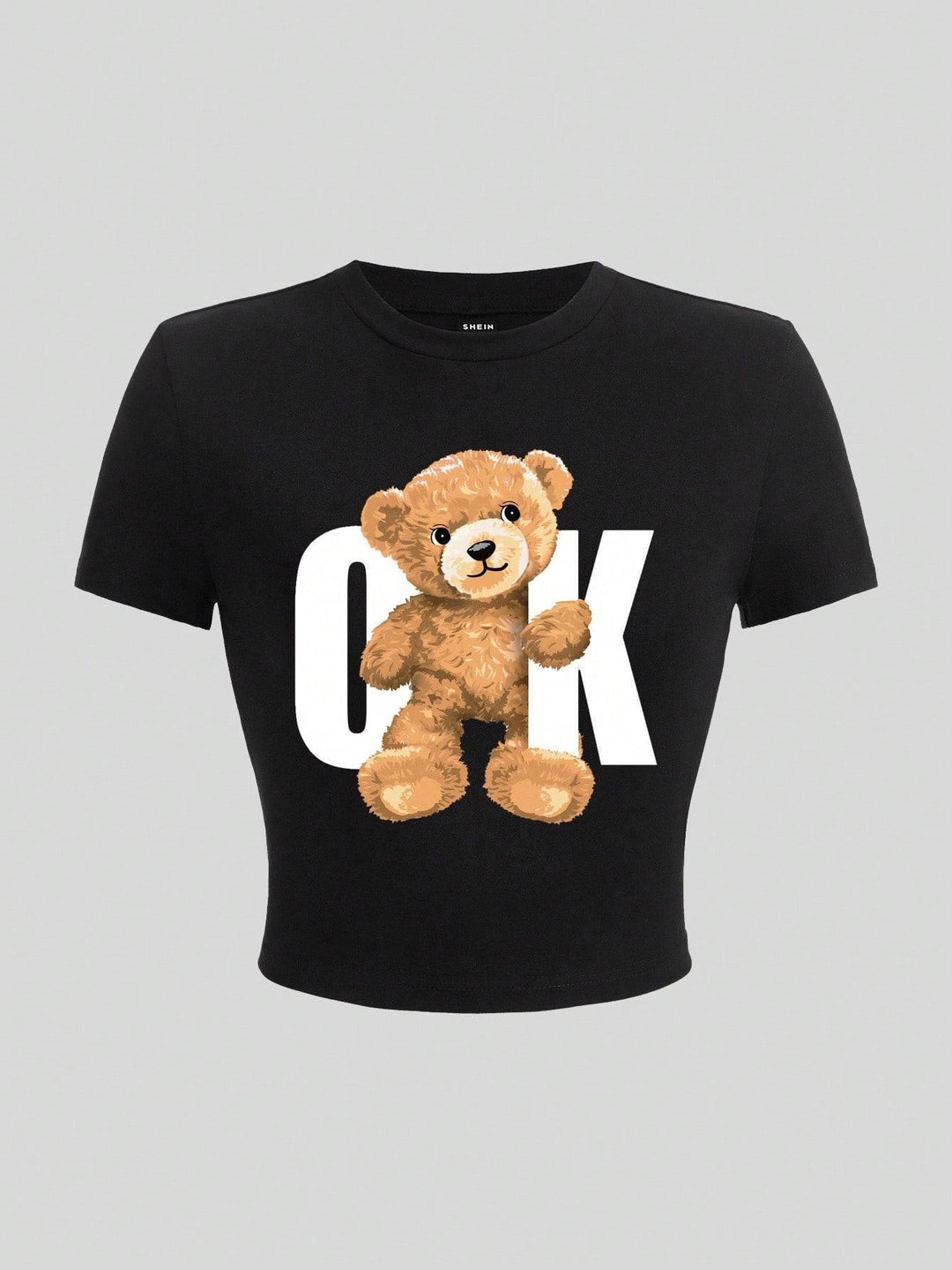 Damen Crop-T-Shirt mit verspieltem Bärenmotiv und modischem Schriftzug Echo Archiv