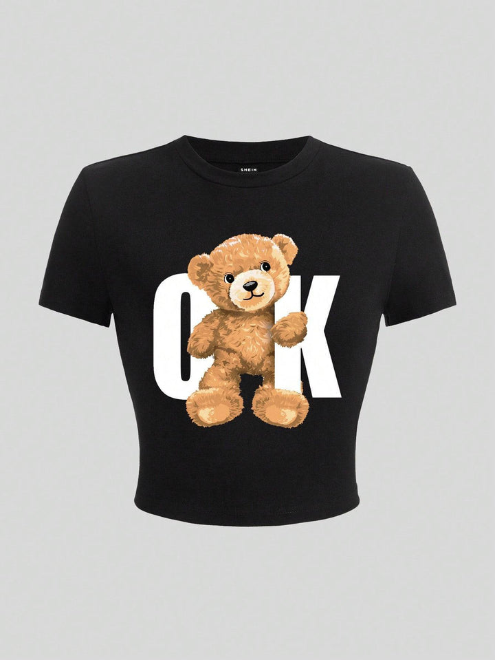 Damen Crop-T-Shirt mit verspieltem Bärenmotiv und modischem Schriftzug Echo Archiv
