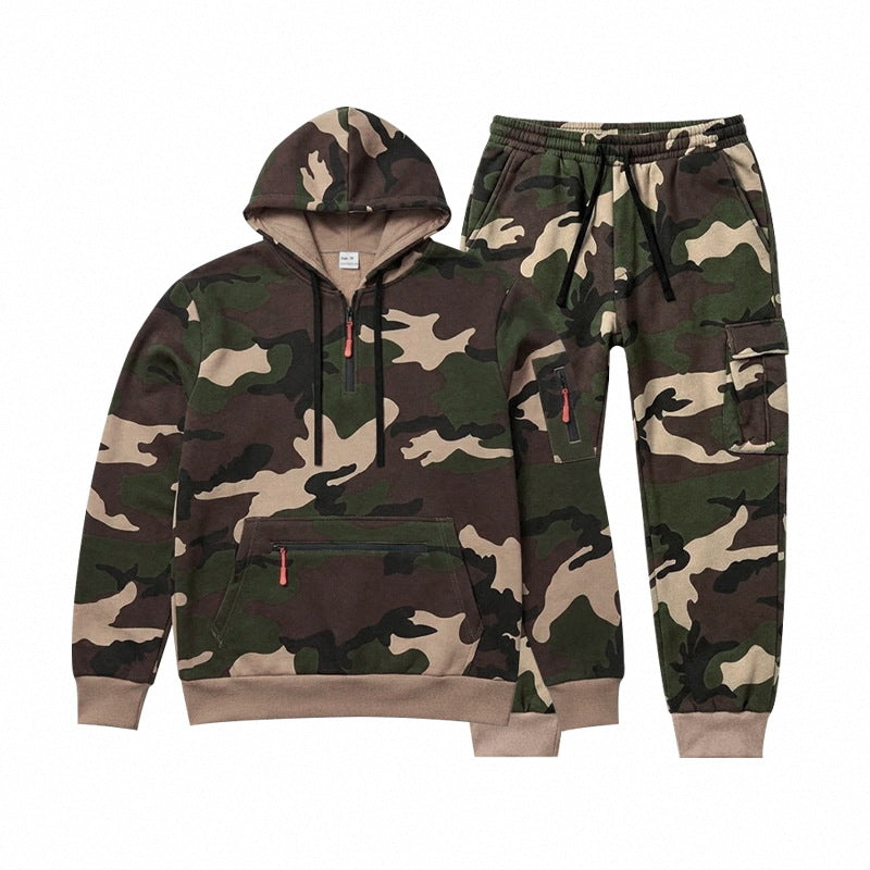 Herren Camouflage Kapuzensweatshirt- und Jogginghose Set mit Cargo-Taschen und Reißverschlüssen – Cavarno