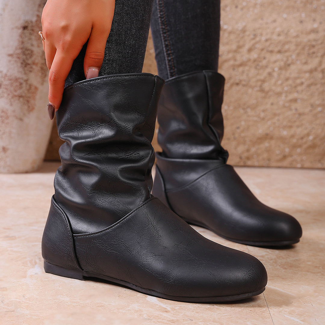 Damen weiche Slouch-Stiefel mit flacher Laufsohle und gerafftem Schaft – Lioré