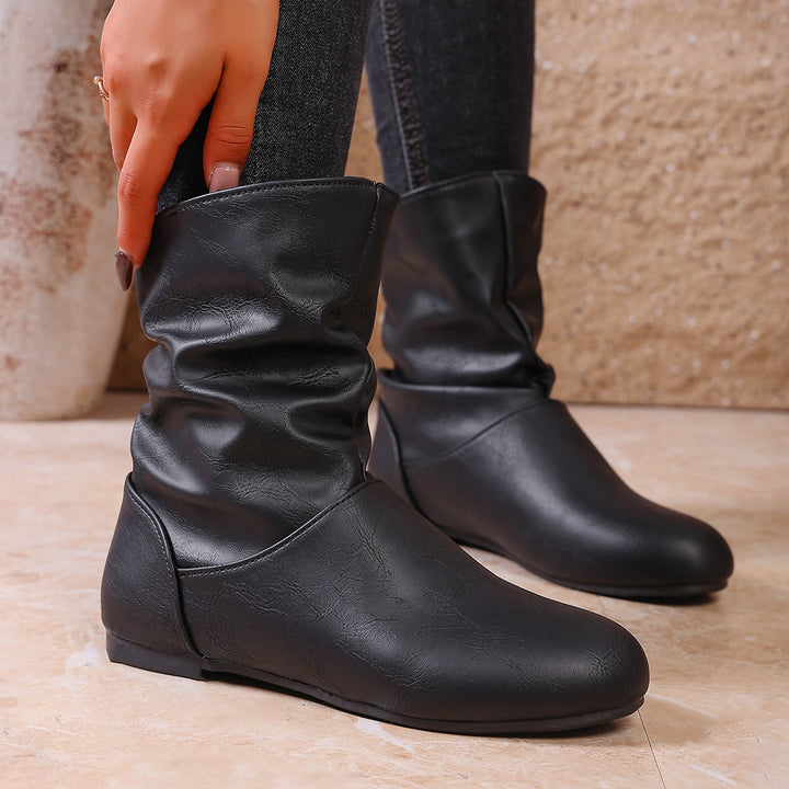 Damen weiche Slouch-Stiefel mit flacher Laufsohle und gerafftem Schaft – Lioré