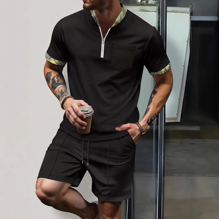 Herren modisches Kurzarm-Set mit stylischem Reißverschluss und kontrastierenden Ärmeln Echoarchiv