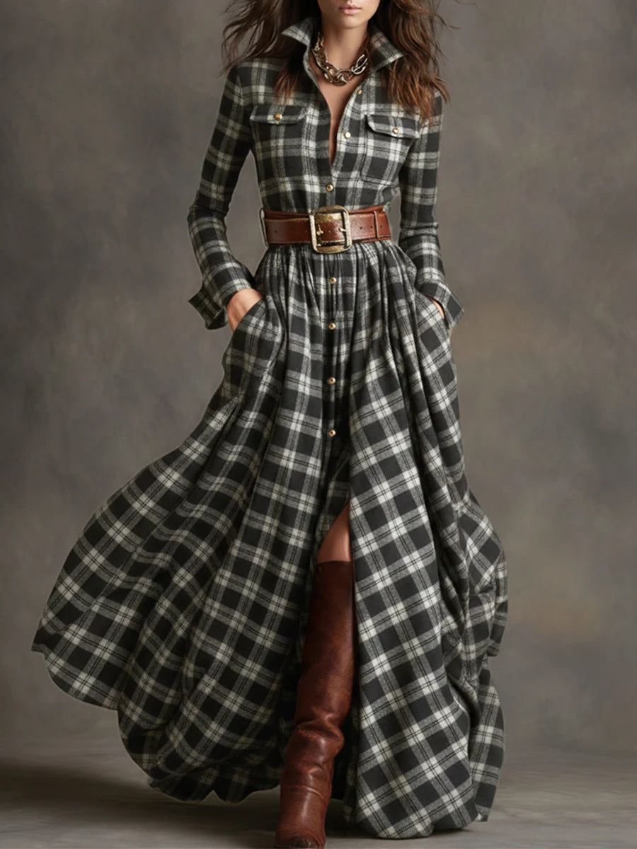 Damen nan karierte Maxikleid Hemdblusenkleid mit ausgestelltem Rock und breitem Taillengürtel Echo Archiv