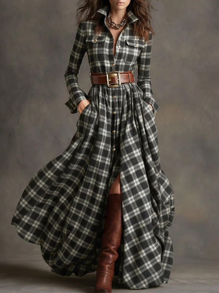 Damen nan karierte Maxikleid Hemdblusenkleid mit ausgestelltem Rock und breitem Taillengürtel Echo Archiv
