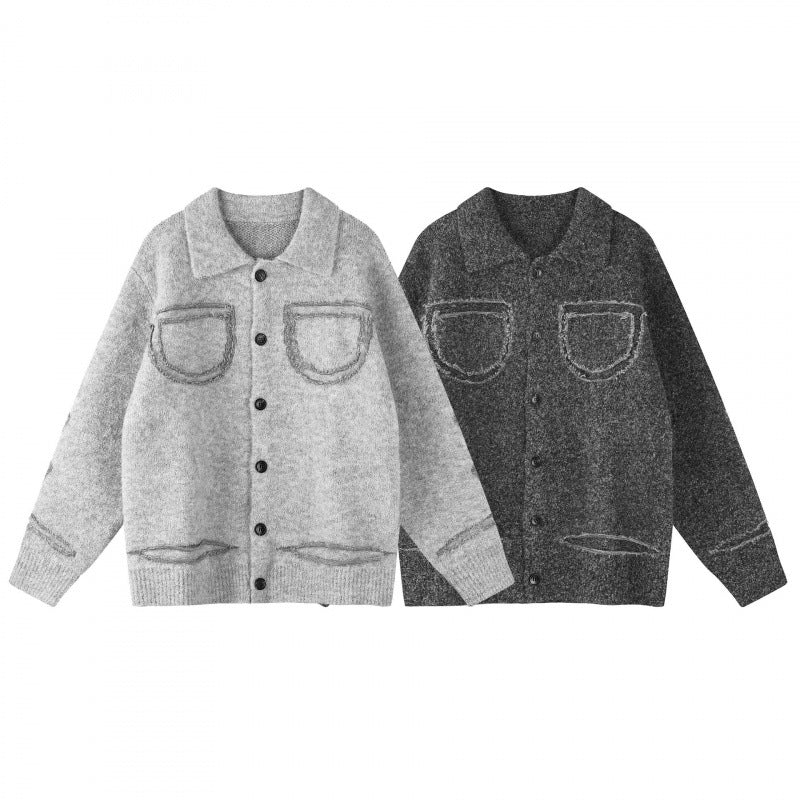 Unisex Oversize Strickjacke im Hemdjacken-Look mit Kragen, aufgesetzten Brusttaschen und Fransenbesatz Echo Archiv
