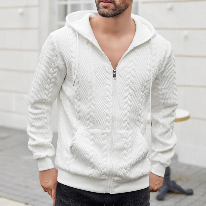 Herren strukturierte Kapuzen-Sweatjacke mit Zopfmuster, durchgehendem Reißverschluss und Kängurutasche – Cavarno