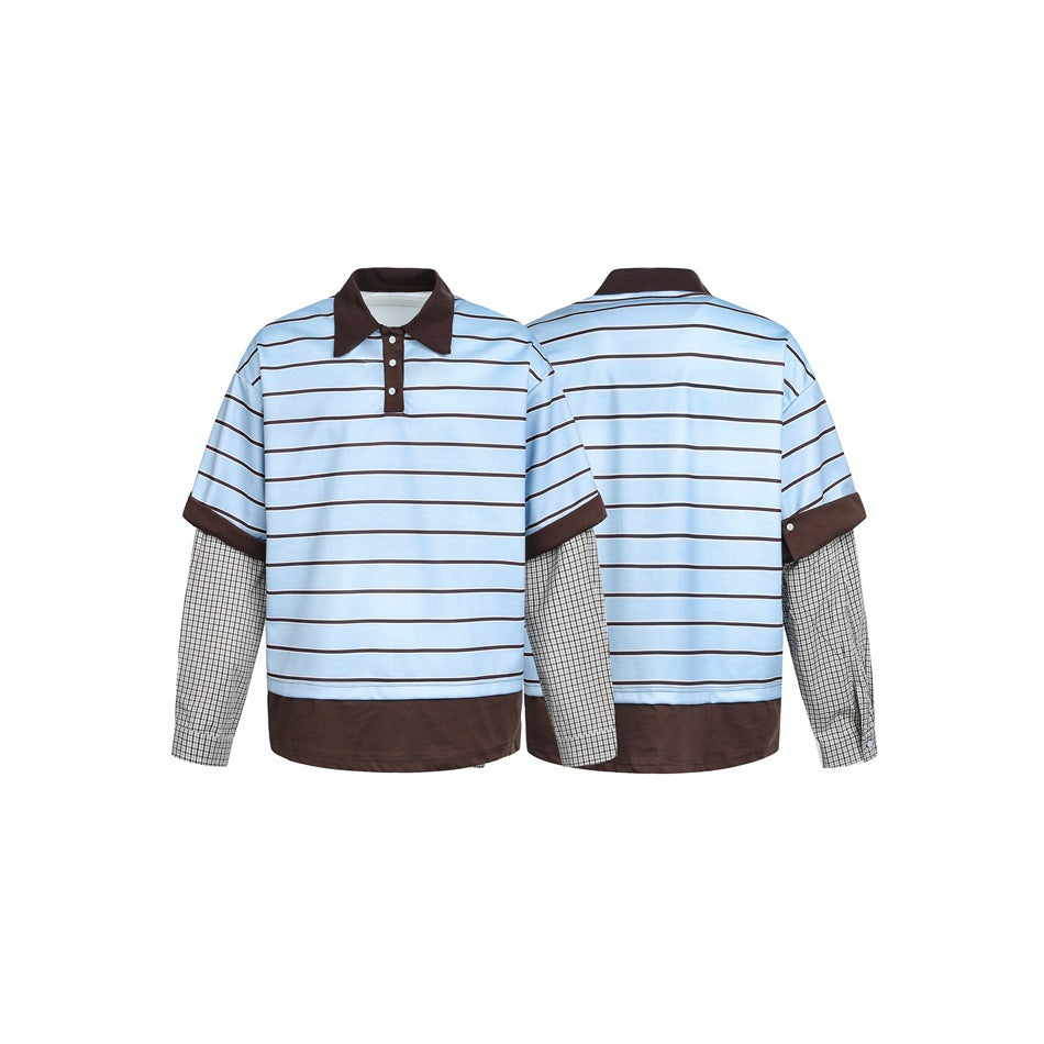 Herren Lagenlook-Polo mit Streifen, Kontrastkragen und karierten Einsatzärmeln Echoarchiv