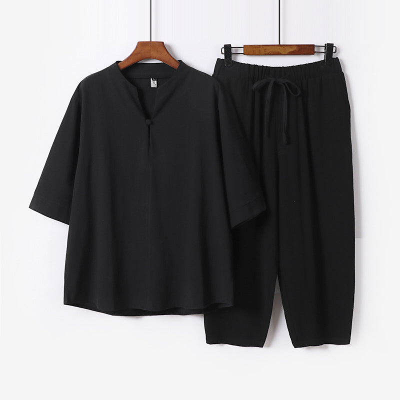Damen Leichtes Leinen-Baumwoll-Loungewear-Set mit Stehkragen, Dreiviertelärmeln und Gummizugbundhose Echoarchiv