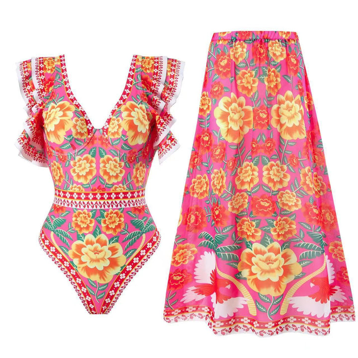Damen Badeanzug-Set mit voluminösem Rüschendesign und floralem Wickelrock Echo Archiv