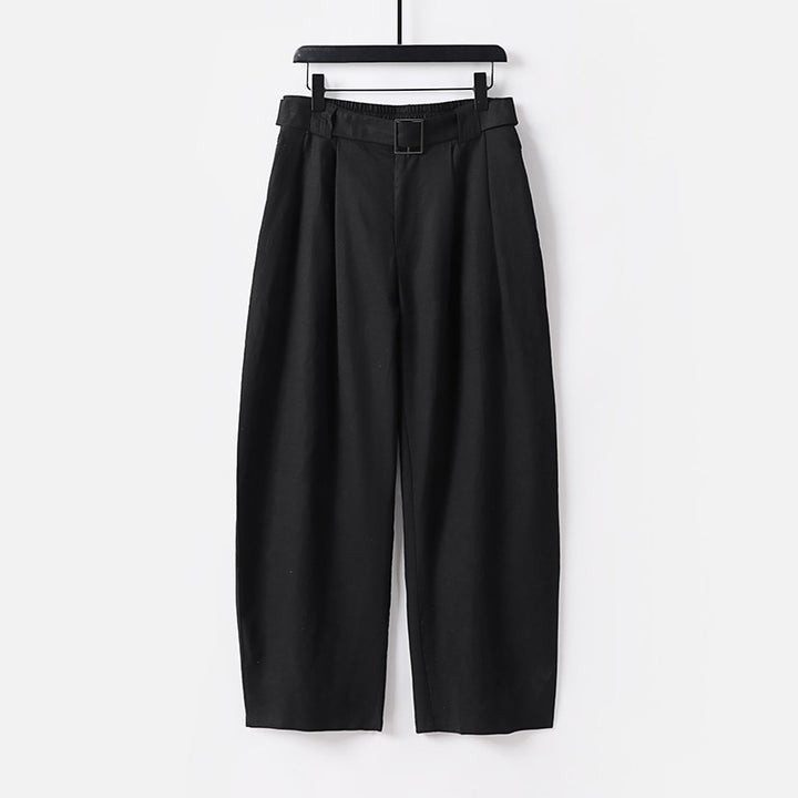 Damen Hochgeschnittene weite Leinenmix-Hose mit Bundfalten und Stoffgürtel Echoarchiv