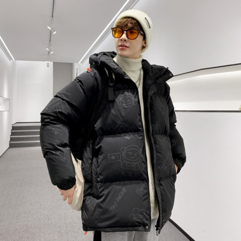 Herren gefütterte oversized Steppjacke mit Kapuze und Allover-Print Echoarchiv