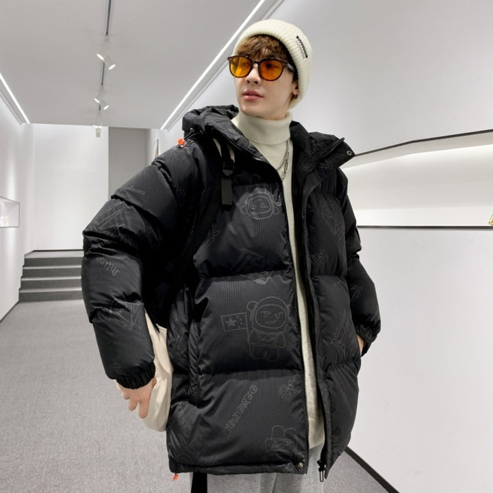 Herren gefütterte oversized Steppjacke mit Kapuze und Allover-Print Echoarchiv